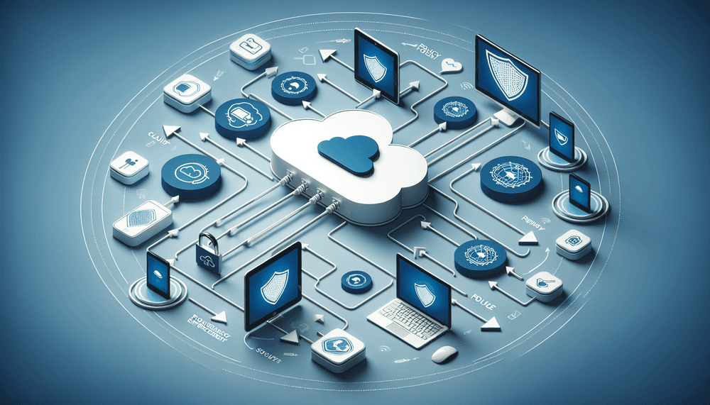 Cloud-based device management illustration showing Intune Policy Agent enforcement across multiple device types