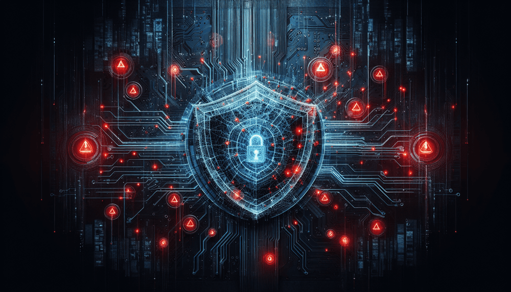 Cybersecurity vulnerability concept showing cracked digital shield with warning indicators