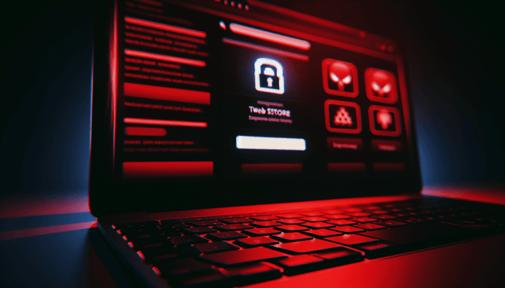 Computer screen showing Chrome Web Store with warning lighting and keyboard in shadows