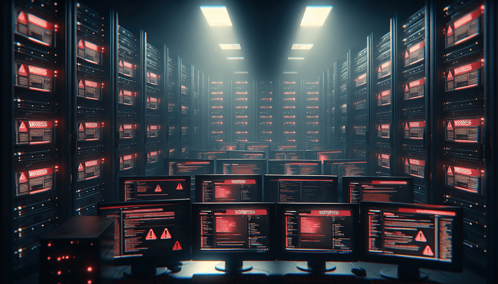 Multiple computer screens showing WordPress security alerts in dark server room