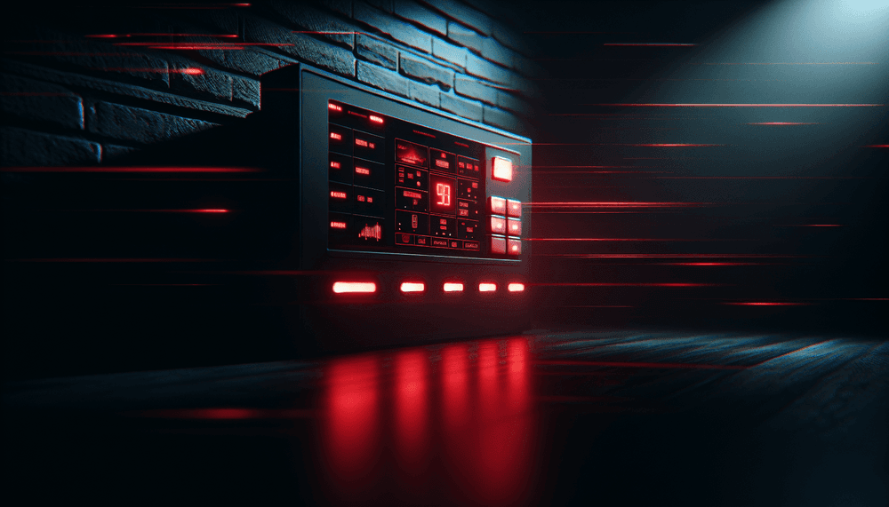 Home security control panel with red warning lights in dramatic lighting