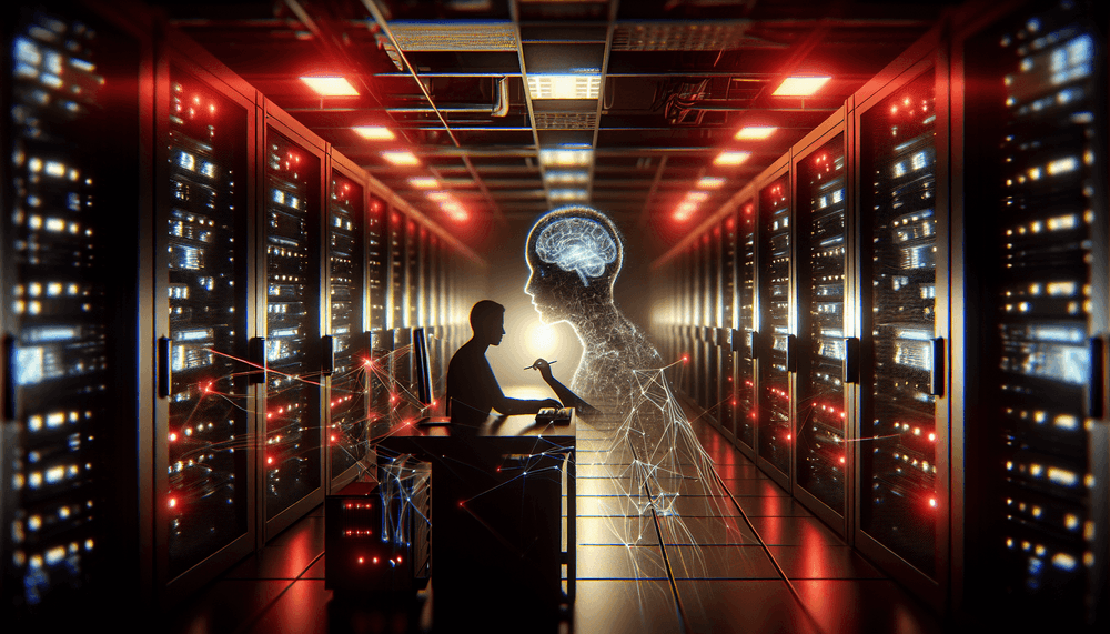 Cybersecurity threat visualization showing compromised server infrastructure with AI elements