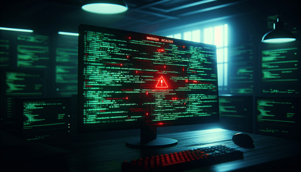Computer screen showing code with red security warnings in dark lighting