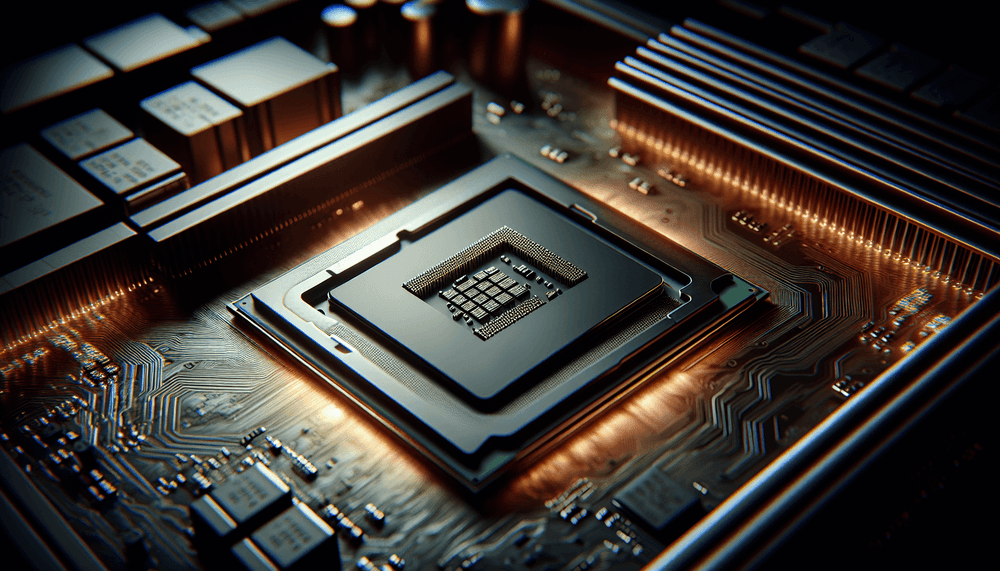 AMD processor chip mounted on motherboard with dramatic lighting