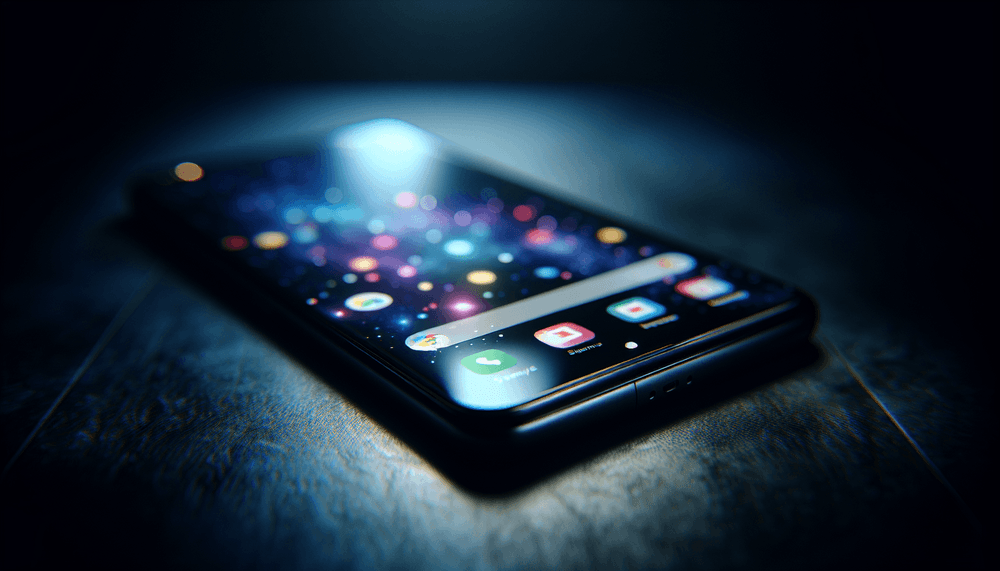 Modern smartphone displaying colorful mobile app interface on dark surface