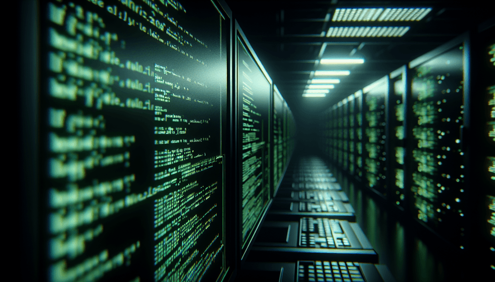 Computer code displayed on multiple dark monitors in server room environment