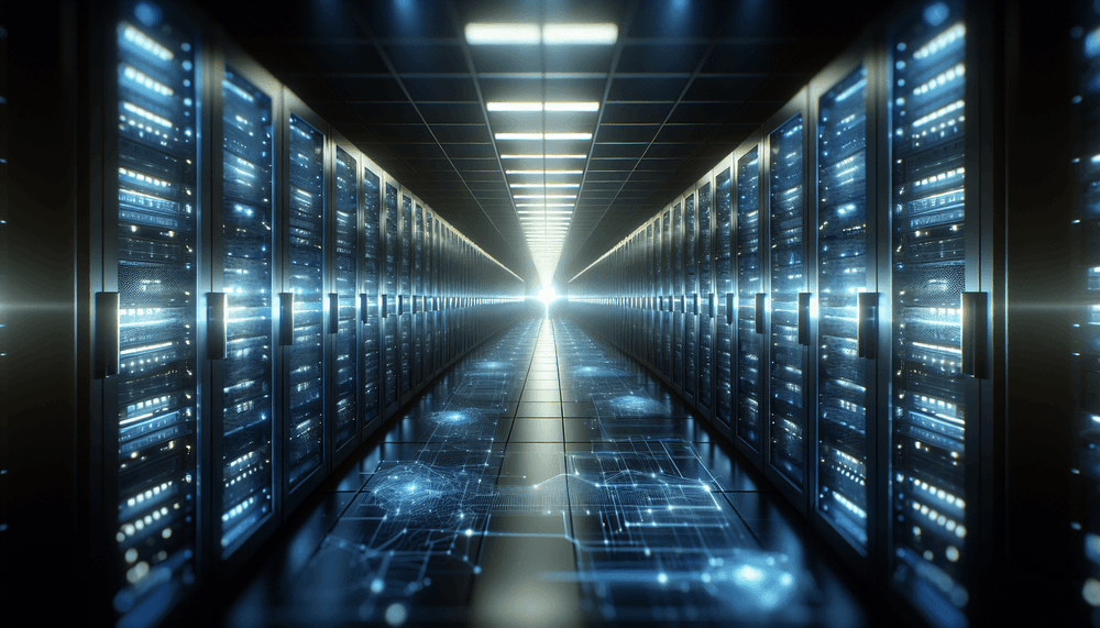 Modern data center servers with blue lighting and digital security visualization effects