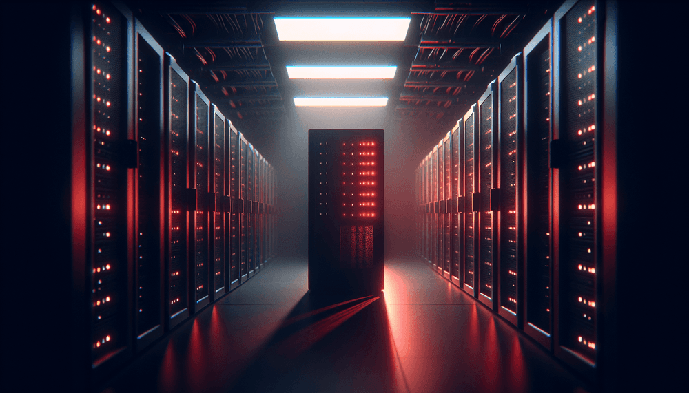 Dark server room with emergency lighting and warning indicators on network equipment