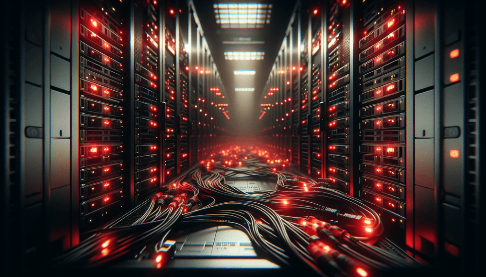Server hardware in data center with red warning lighting and network infrastructure