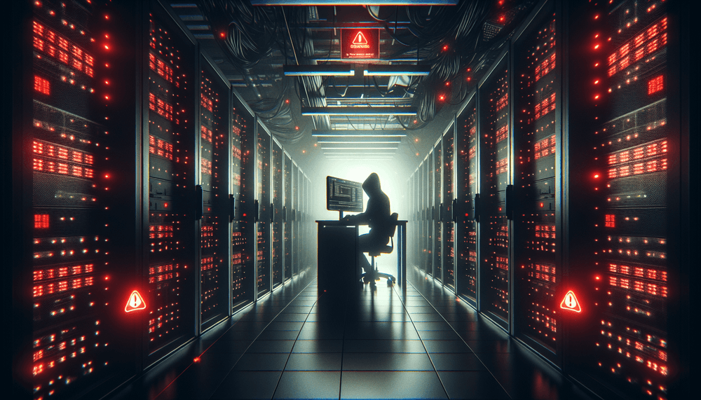 Cybersecurity threat scene showing hacker in dark server environment