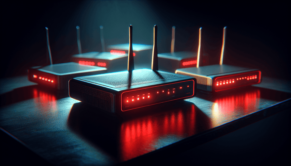 Consumer network routers illuminated by red warning lights in dark environment
