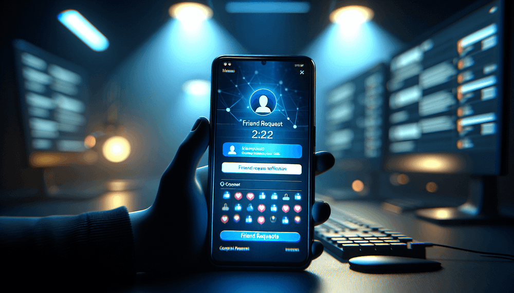 Smartphone showing Facebook friend requests in dark cybersecurity setting