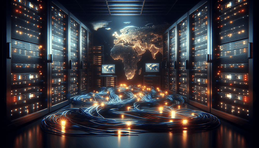 Dark server room with glowing network infrastructure and world maps