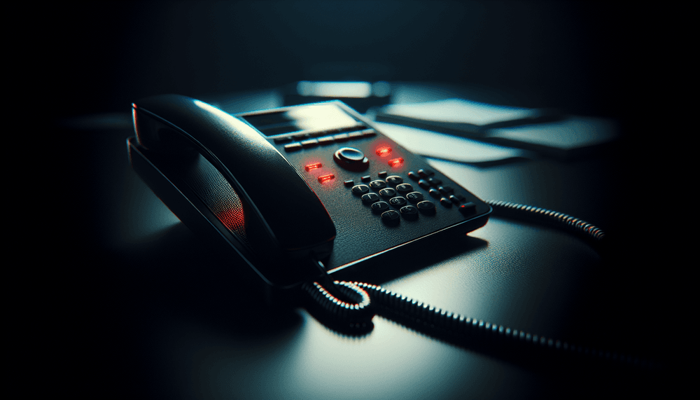 Office phone on dark desk with red warning lighting suggesting cybersecurity threat