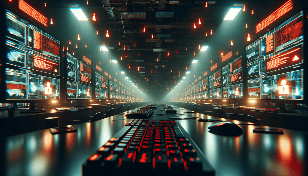 Dark office with computer monitors showing security breach alerts