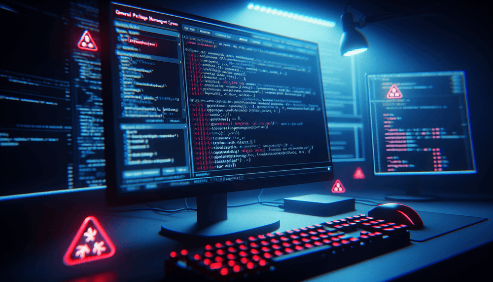 Computer screen showing npm package manager with security warnings and error messages