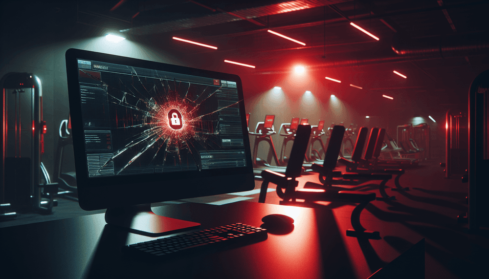 Dark fitness center interior with red emergency lighting and damaged computer terminal