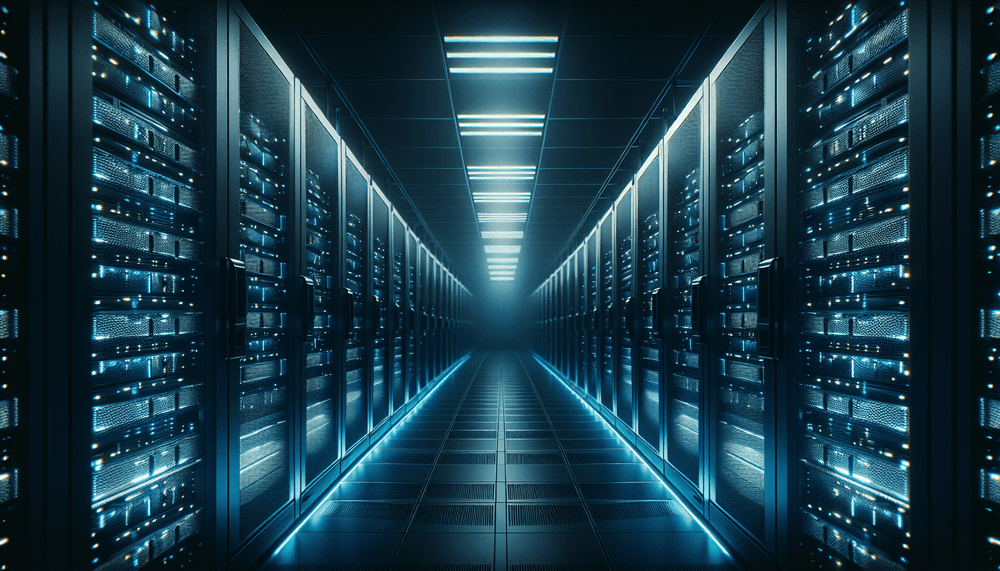 Server room with network equipment and blue lighting showing DNS infrastructure