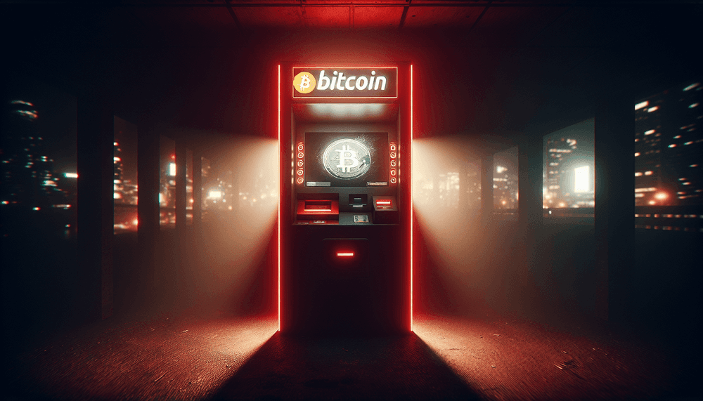 Bitcoin ATM machine illuminated by red emergency lighting in dark setting