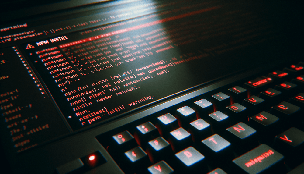 Computer terminal showing npm package installation with warning messages on dark screen