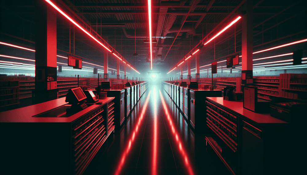 Dark retail store interior with red emergency lighting and empty checkout counters