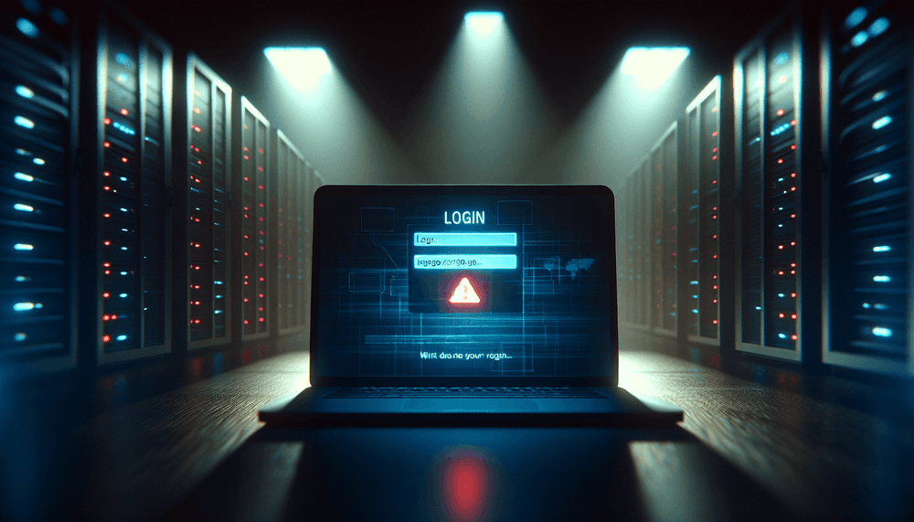Laptop displaying suspicious login page with warning indicators in dark lighting