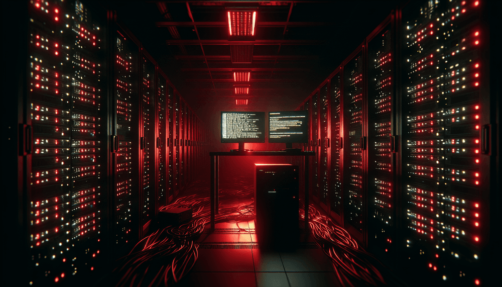 Dark server room with red emergency lighting and glowing computer terminal