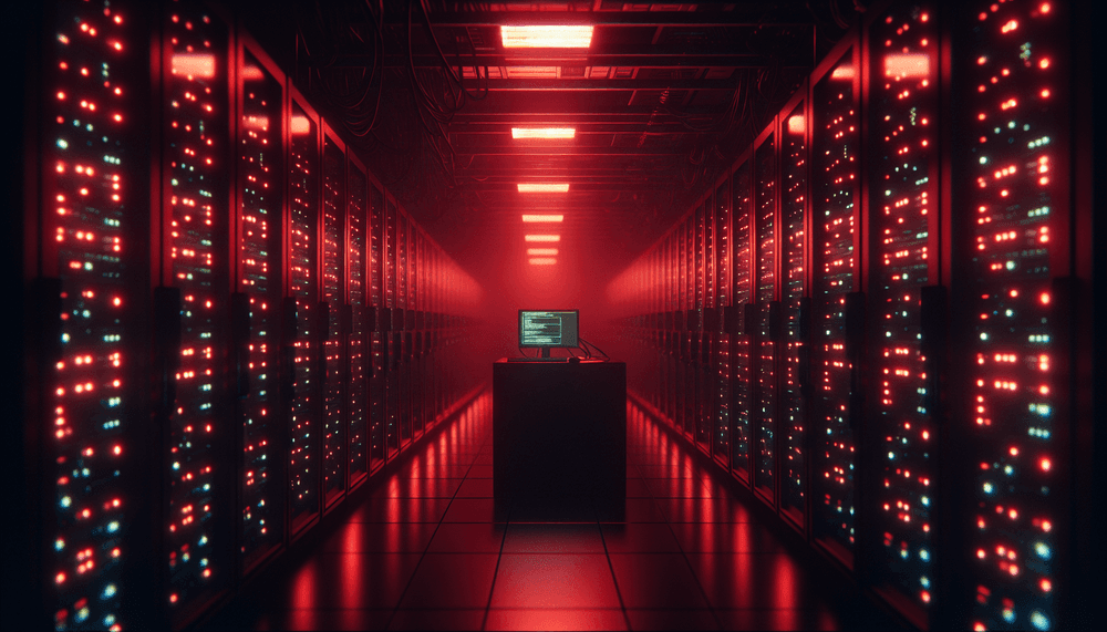 Dark server room with red emergency lighting and glowing computer terminal