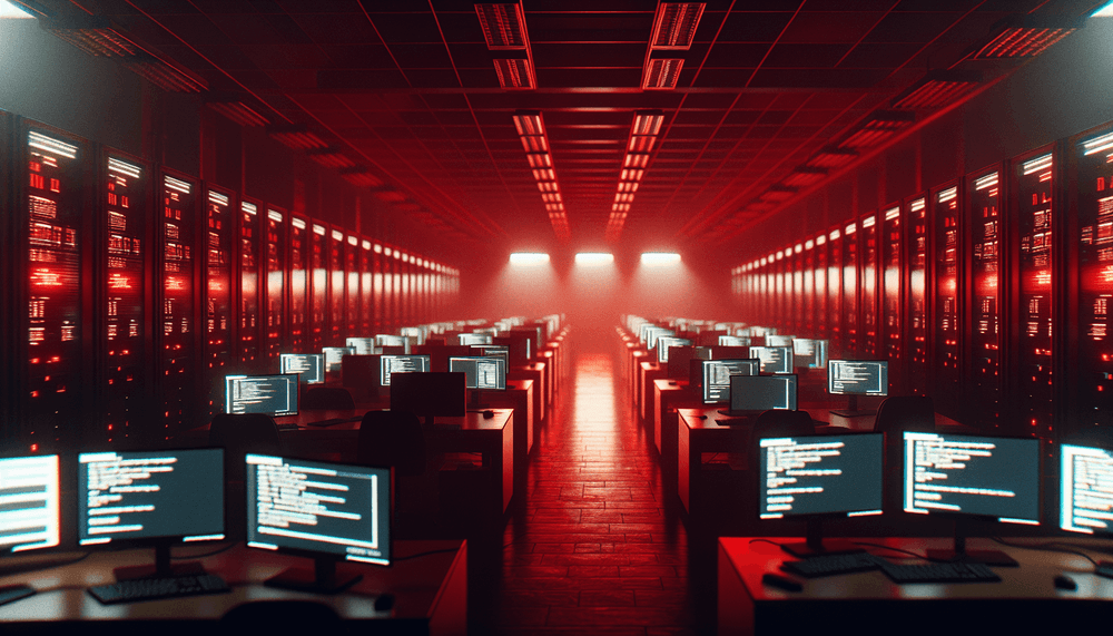 University computer lab with error messages on monitors under red emergency lighting