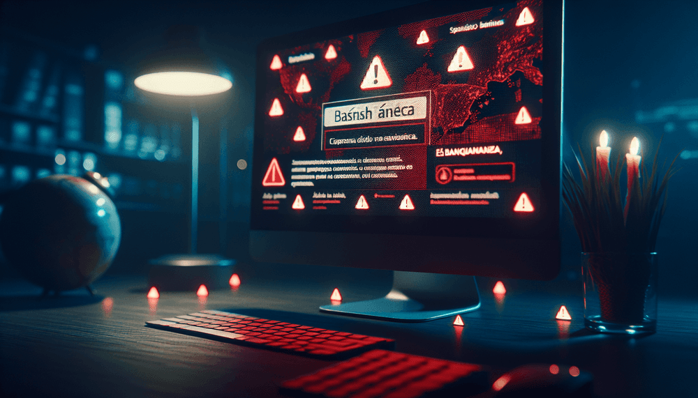 Computer screen showing Spanish banking interface with security warning indicators