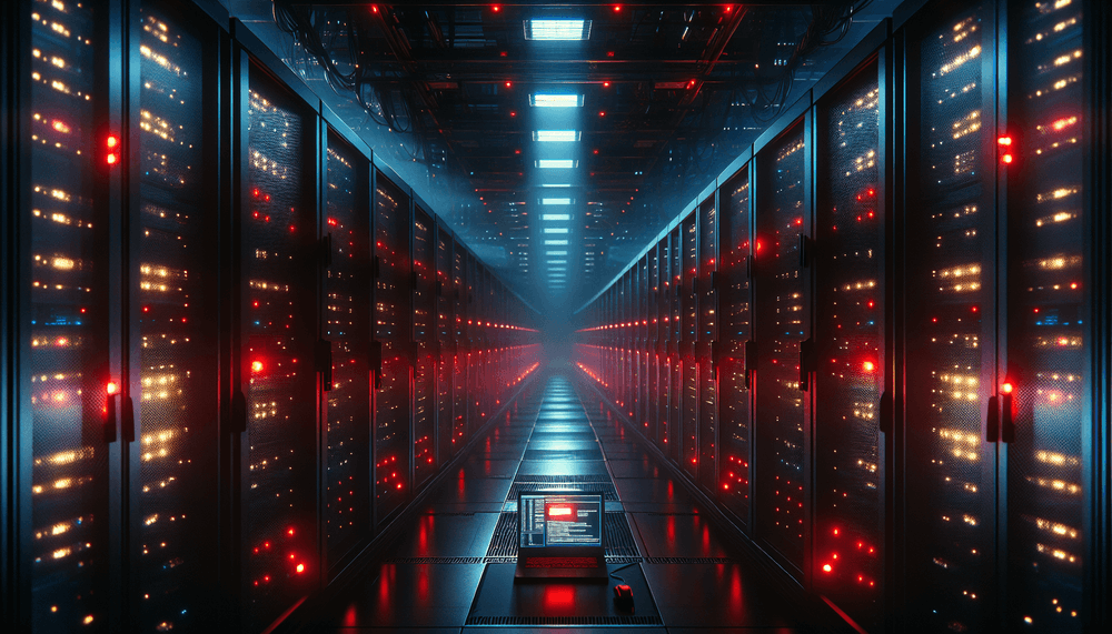 Dark server room with red warning lights illuminating compromised computer systems