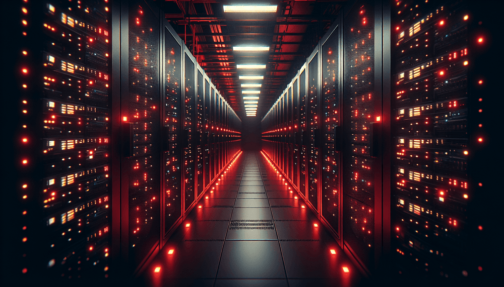Dark server room with red warning lights illuminating computer equipment