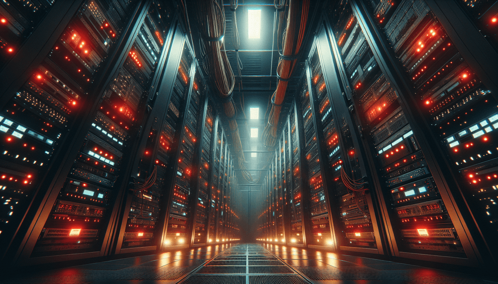 Dark server room with telecom equipment and red warning lights