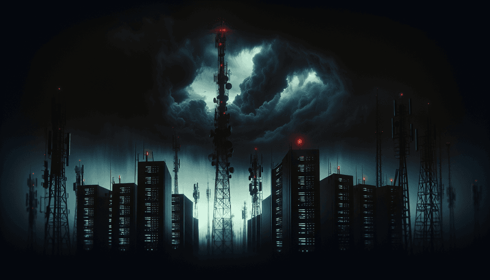 Telecommunications tower with red warning lights against dark stormy sky
