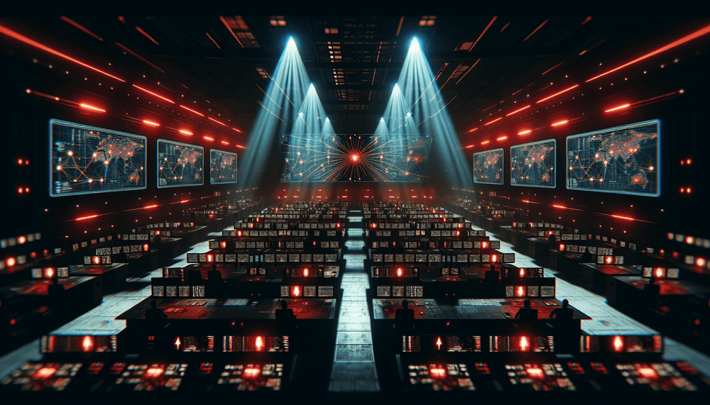 Dark military command center with security alerts on multiple monitors