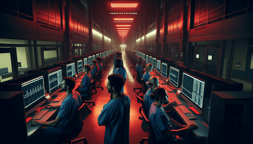 Hospital corridor with offline computer terminals and concerned medical staff during system outage