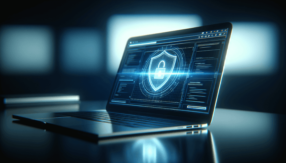 Laptop screen showing Chrome browser with security features highlighted in blue lighting