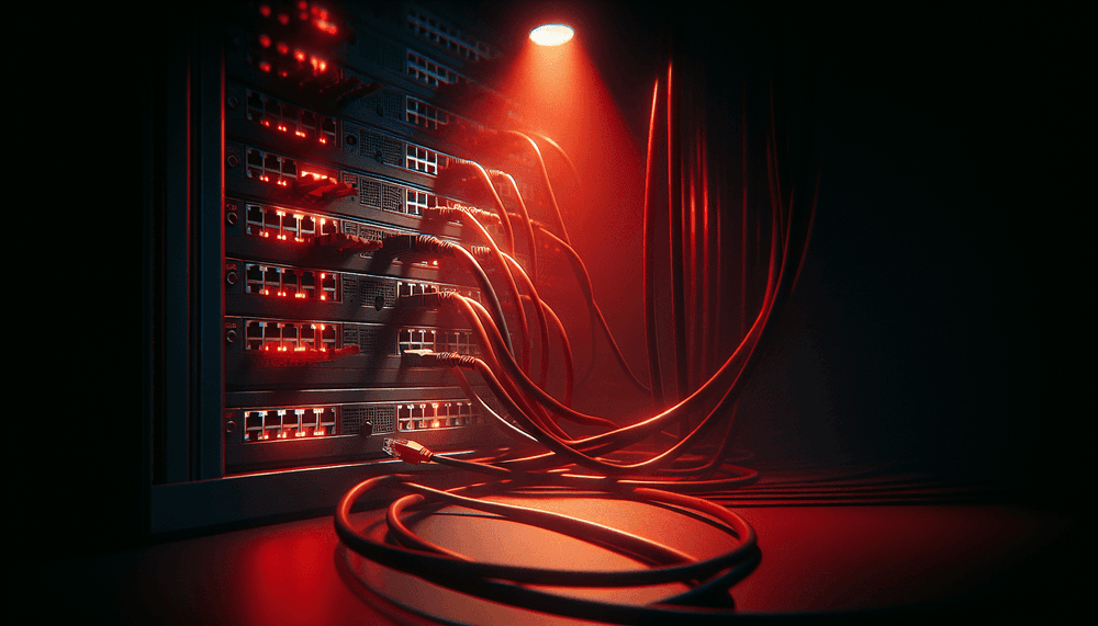 Server rack with red emergency lighting and unplugged network cable