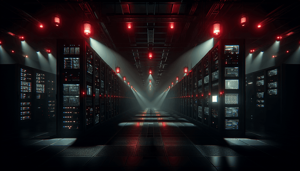 Dark server room with red warning lights and industrial control panels