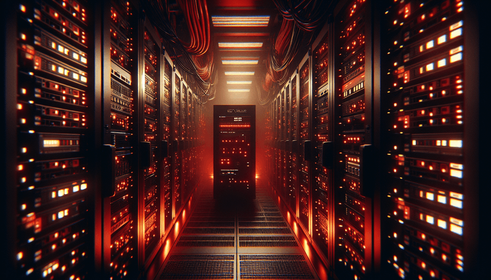 Server room with network equipment under emergency lighting and warning indicators