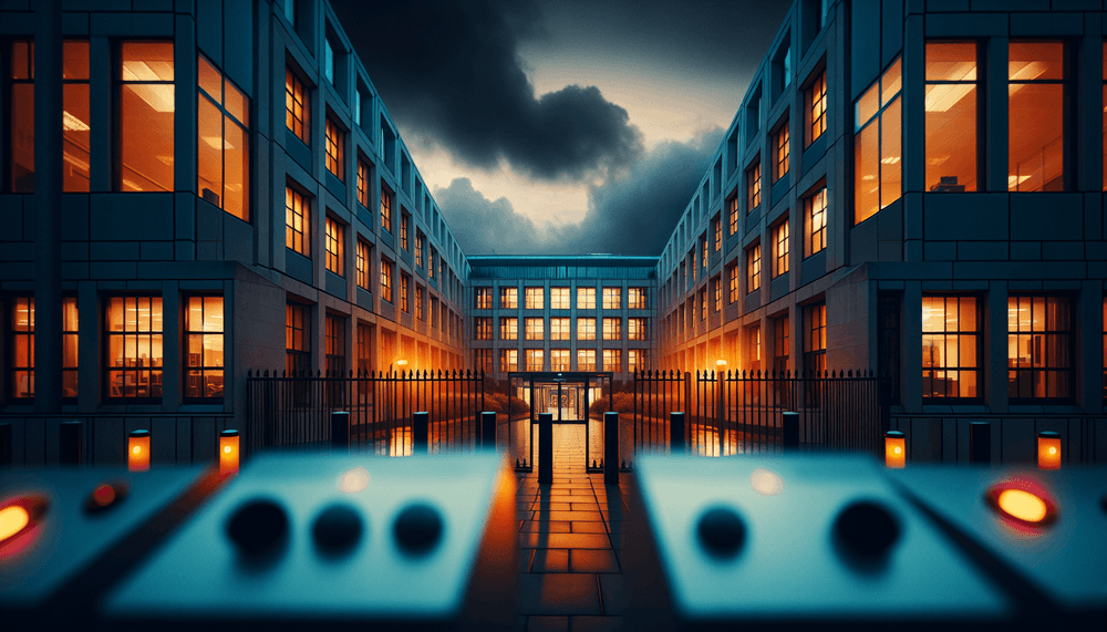 Government building with security barriers under stormy evening sky