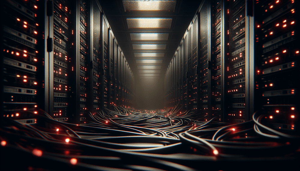 Server racks with red warning lights in dark data center