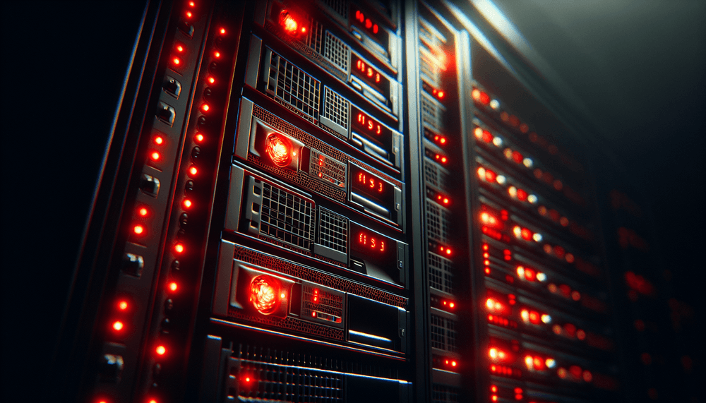 Server rack with red warning lights in dark data center environment
