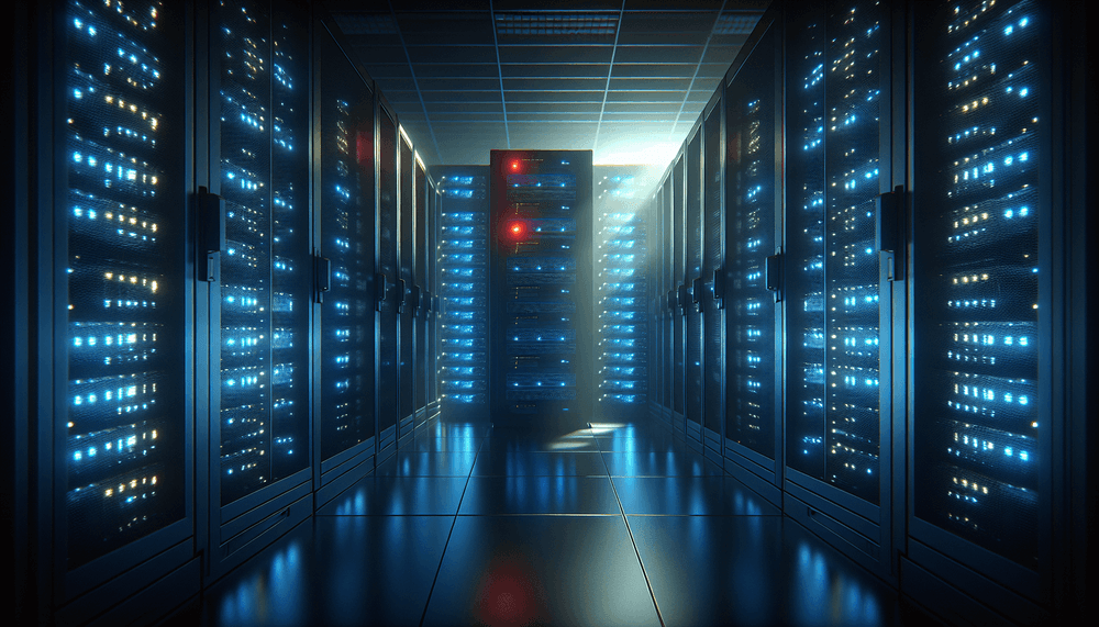 Data center server rack with warning lights indicating security vulnerability