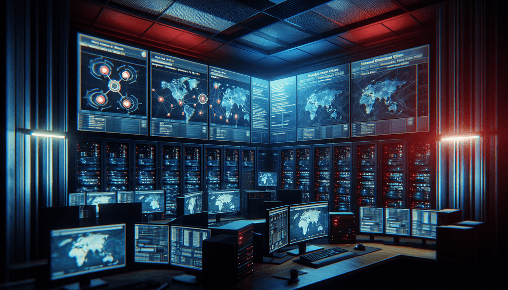 Network security operations center with monitoring displays and server infrastructure