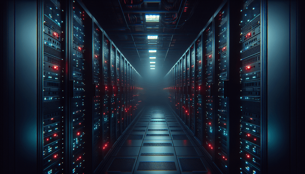 Dark server room with glowing racks and red warning lights creating dramatic shadows