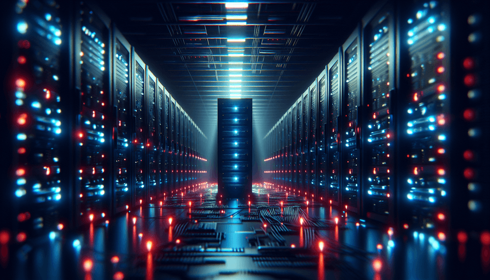 Dark server room with glowing servers and red warning lights indicating security compromise