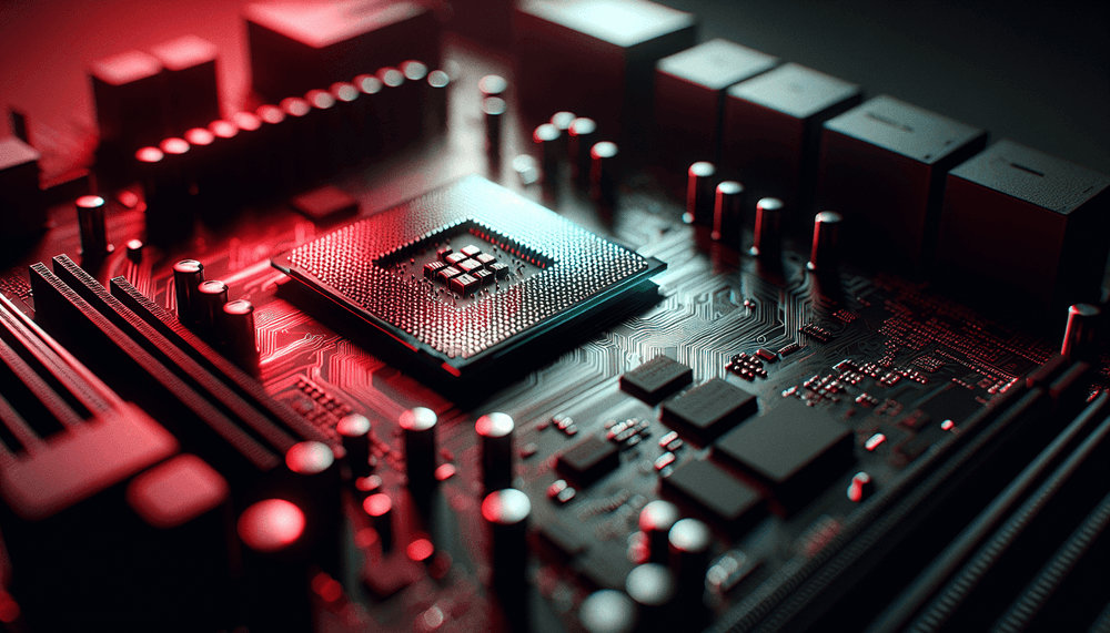 Computer motherboard and CPU socket under red warning lighting suggesting security compromise