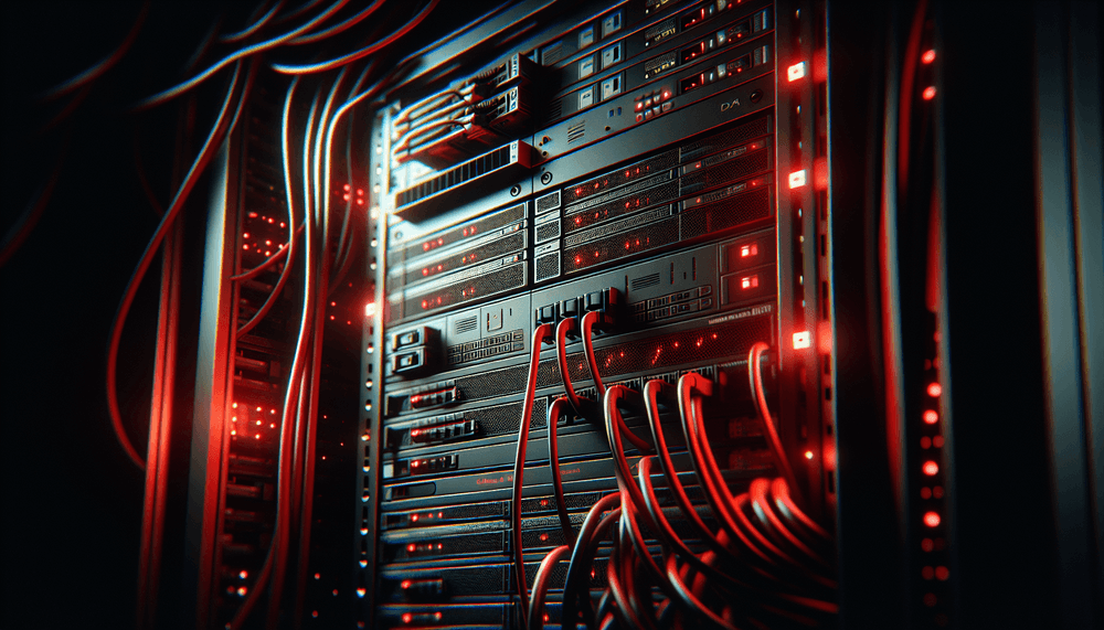 Server rack with red emergency lighting and network cables in dramatic shadows