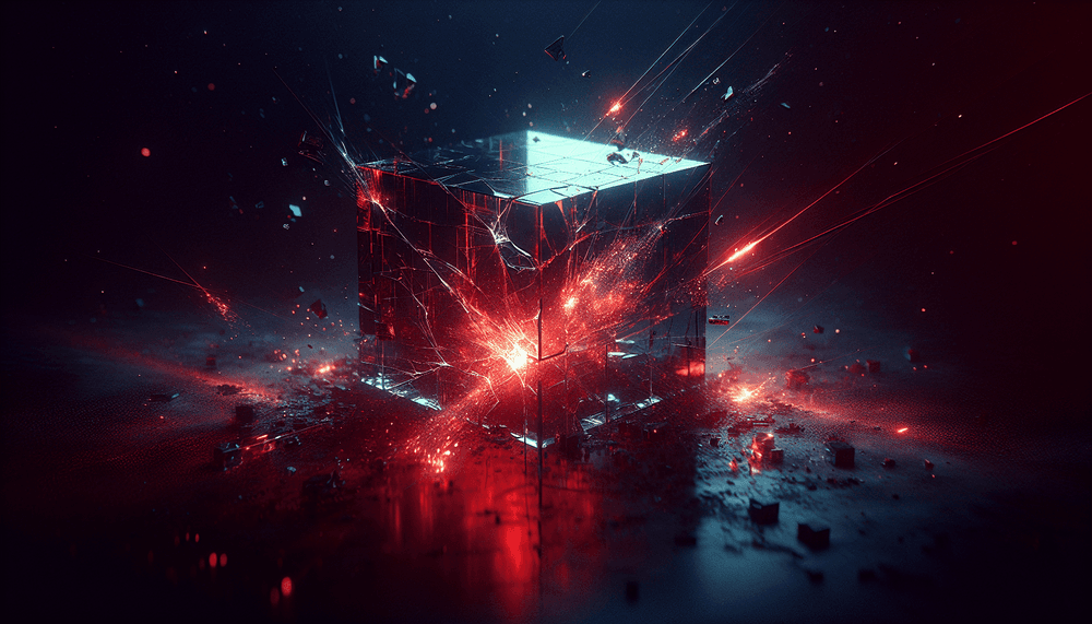 Shattered glass cube with glowing code fragments escaping in dark environment